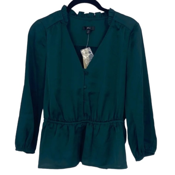 J. Crew Top Womens 00 Green Satin V-Neck Button Detail Peplum Elastic Waist - Picture 1 of 12